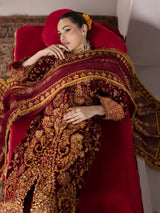VEL005 – Deep Maroon Luxury Sequin Embroidered Micro Velvet 3 Piece Gown Suit TANVEER COLLECTION
