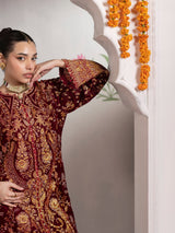 VEL005 – Deep Maroon Luxury Sequin Embroidered Micro Velvet 3 Piece Gown Suit TANVEER COLLECTION