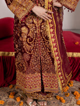 VEL005 – Deep Maroon Luxury Sequin Embroidered Micro Velvet 3 Piece Gown Suit TANVEER COLLECTION
