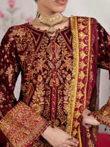 VEL005 – Deep Maroon Luxury Sequin Embroidered Micro Velvet 3 Piece Gown Suit TANVEER COLLECTION