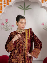 VEL005 – Deep Maroon Luxury Sequin Embroidered Micro Velvet 3 Piece Gown Suit TANVEER COLLECTION