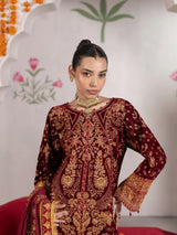 VEL005 – Deep Maroon Luxury Sequin Embroidered Micro Velvet 3 Piece Gown Suit TANVEER COLLECTION