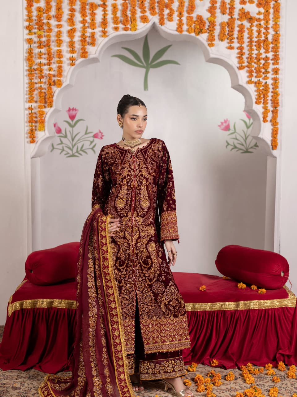 VEL005 – Deep Maroon Luxury Sequin Embroidered Micro Velvet 3 Piece Gown Suit