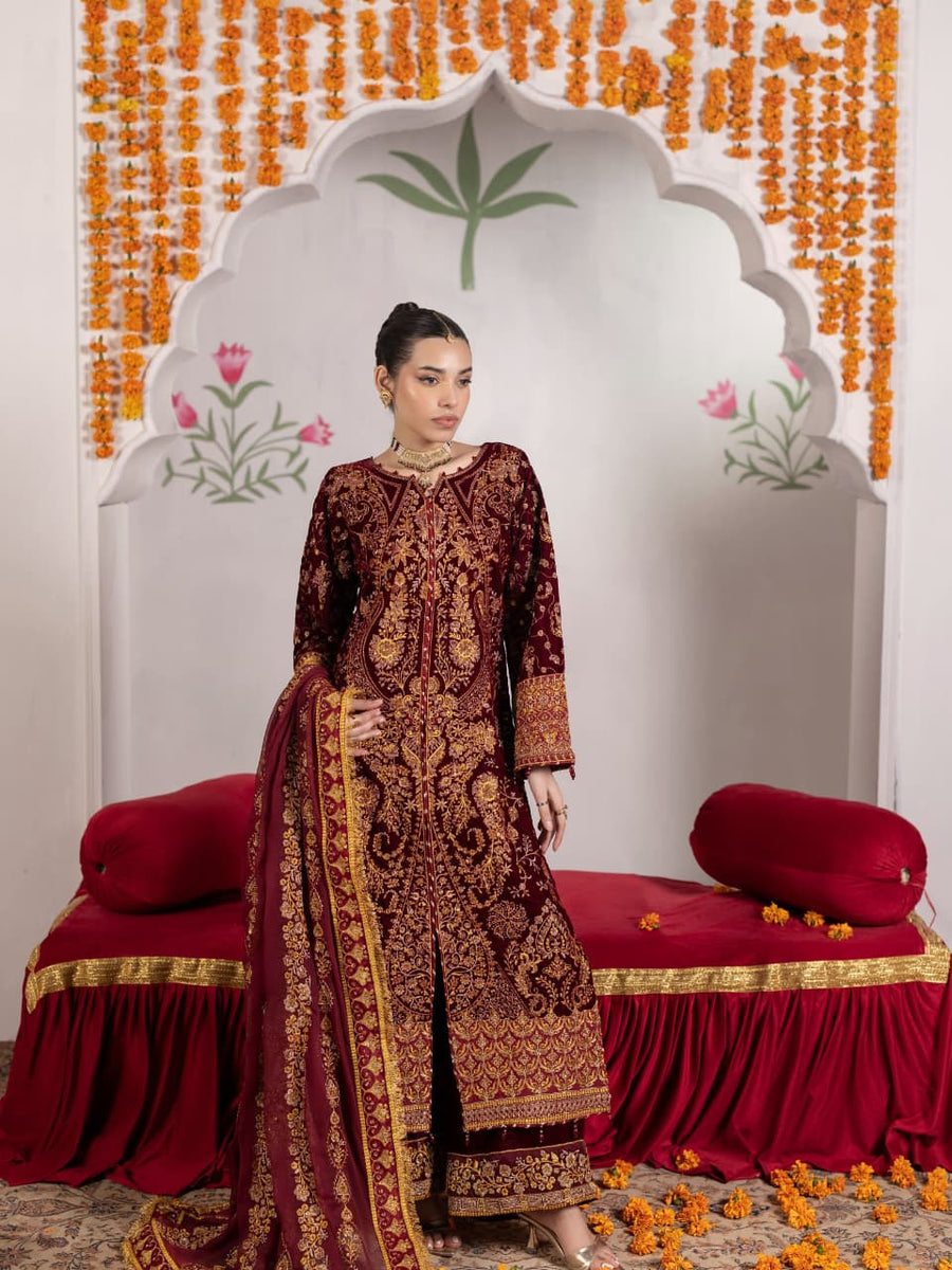 VEL005 – Deep Maroon Luxury Sequin Embroidered Micro Velvet 3 Piece Gown Suit