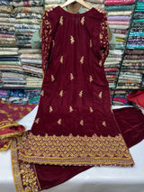 VEL005 – Deep Maroon Luxury Sequin Embroidered Micro Velvet 3 Piece Gown Suit TANVEER COLLECTION