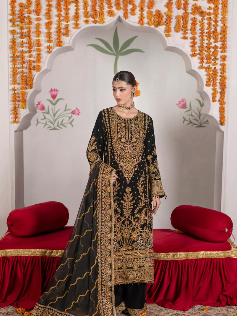 VEL007 – Black & Gold Luxury Sequin Embroidered Micro Velvet 3 Piece Suit