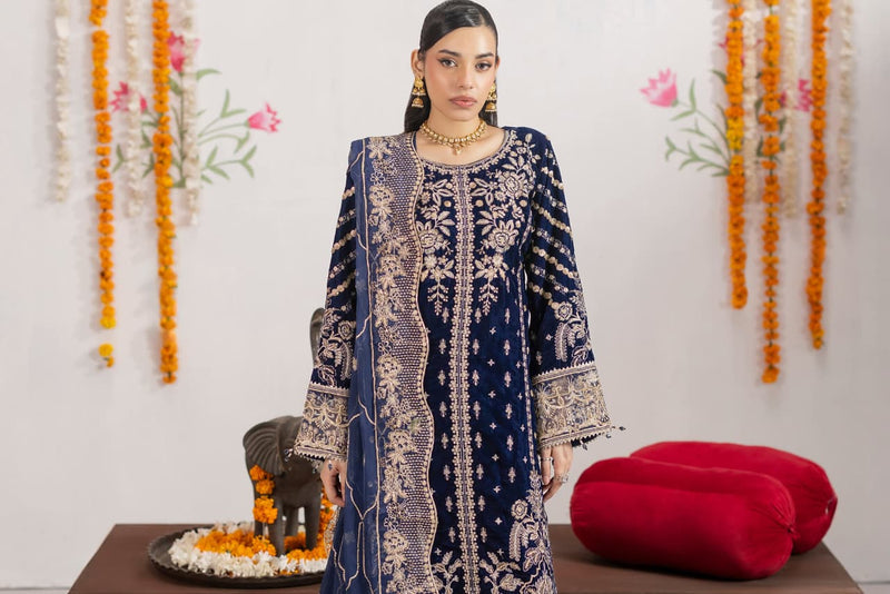 VEL002 – Navy Blue Luxury Sequin Embroidered Micro Velvet 3 Piece Gown Suit