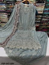 FSP-047 – Silver Blue Luxury Embroidered 3 Piece Formal Suit