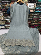 FSP-047 – Silver Blue Luxury Embroidered 3 Piece Formal Suit
