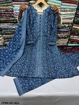 CFWK-001-BLU – Navy Blue Floral Printed 3 Piece Pakistani Frock Suit